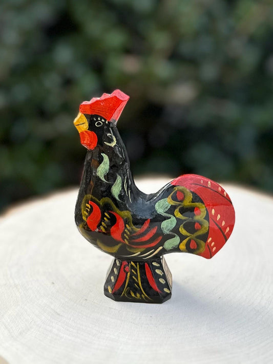 1950s 1960s Swedish Midcentury Folk Art Hand Carved & Hand Painted Black Dala Rooster