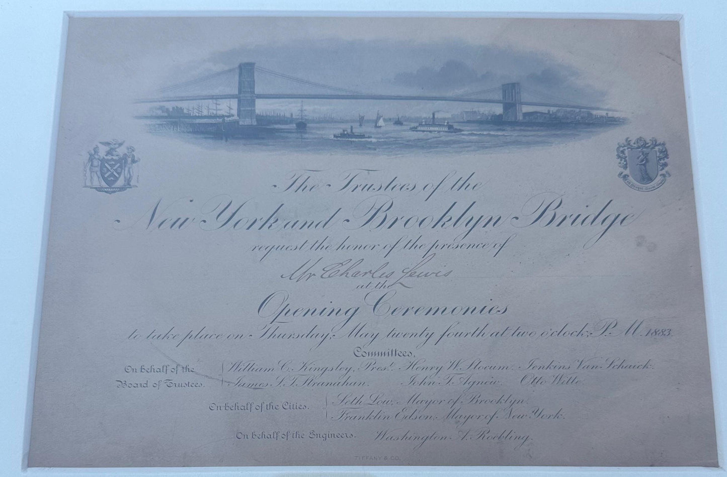 Framed Antique 1883 Original Invitation Opening Ceremonies New York Brooklyn Bridge May 24 1883 Signed