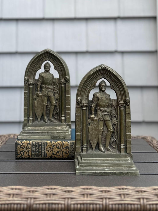 1930s Art Deco Bronze Knight in Archway The Travelers Convention Palm Beach FL 1931 Bookends