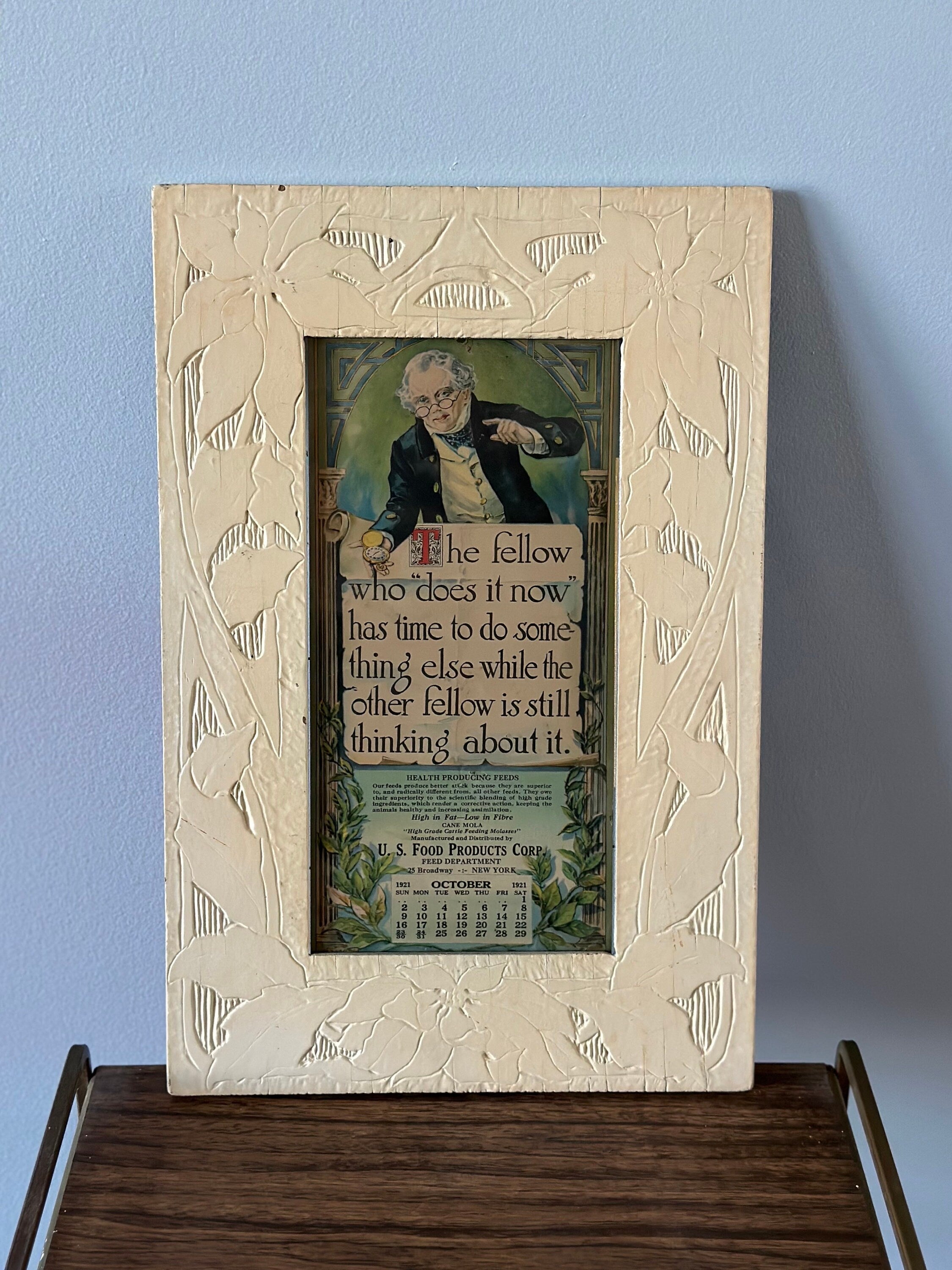 Antique Handmade Framed October 1921 Promotional Calendar U.S. Food Products Corp. Feed Department | The Fellow Who Does it Now