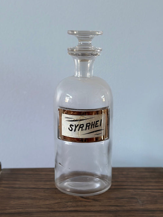 Antique Late 1800s Glass Apothecary Pharmacy Bottle SYR. RHEI Syrup Medicine
