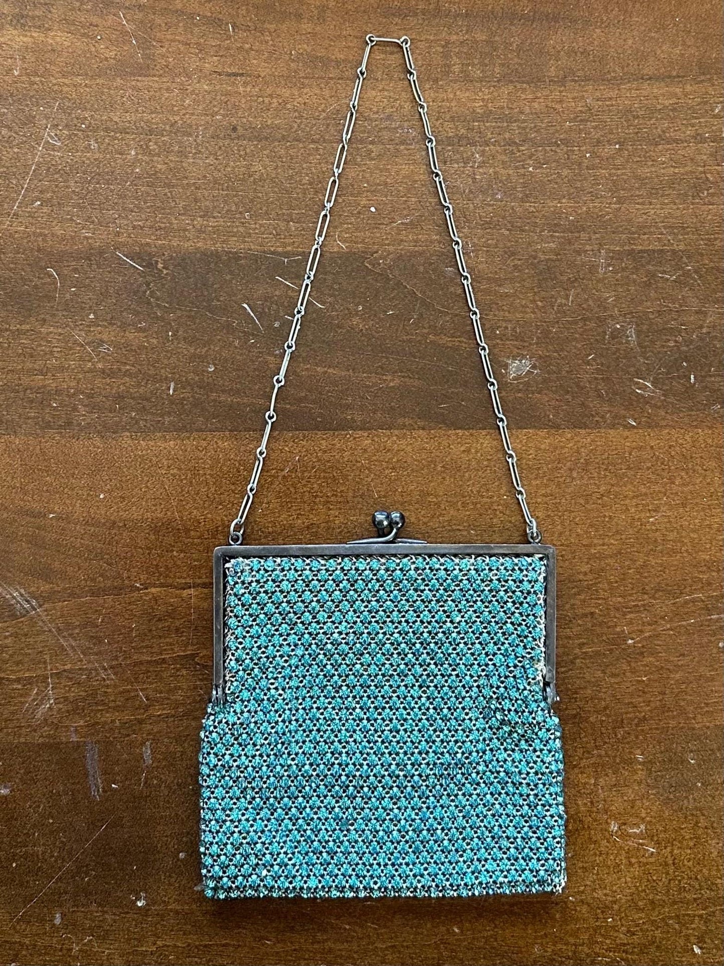 Antique Art Deco 1920s 1930s Czech Turquoise Faceted Rhinestone Chain Handle Purse Evening Bag