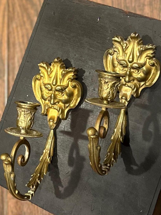 Pair of 1940s Brass Bacchus Devil Face Wall Sconces Candle Holders