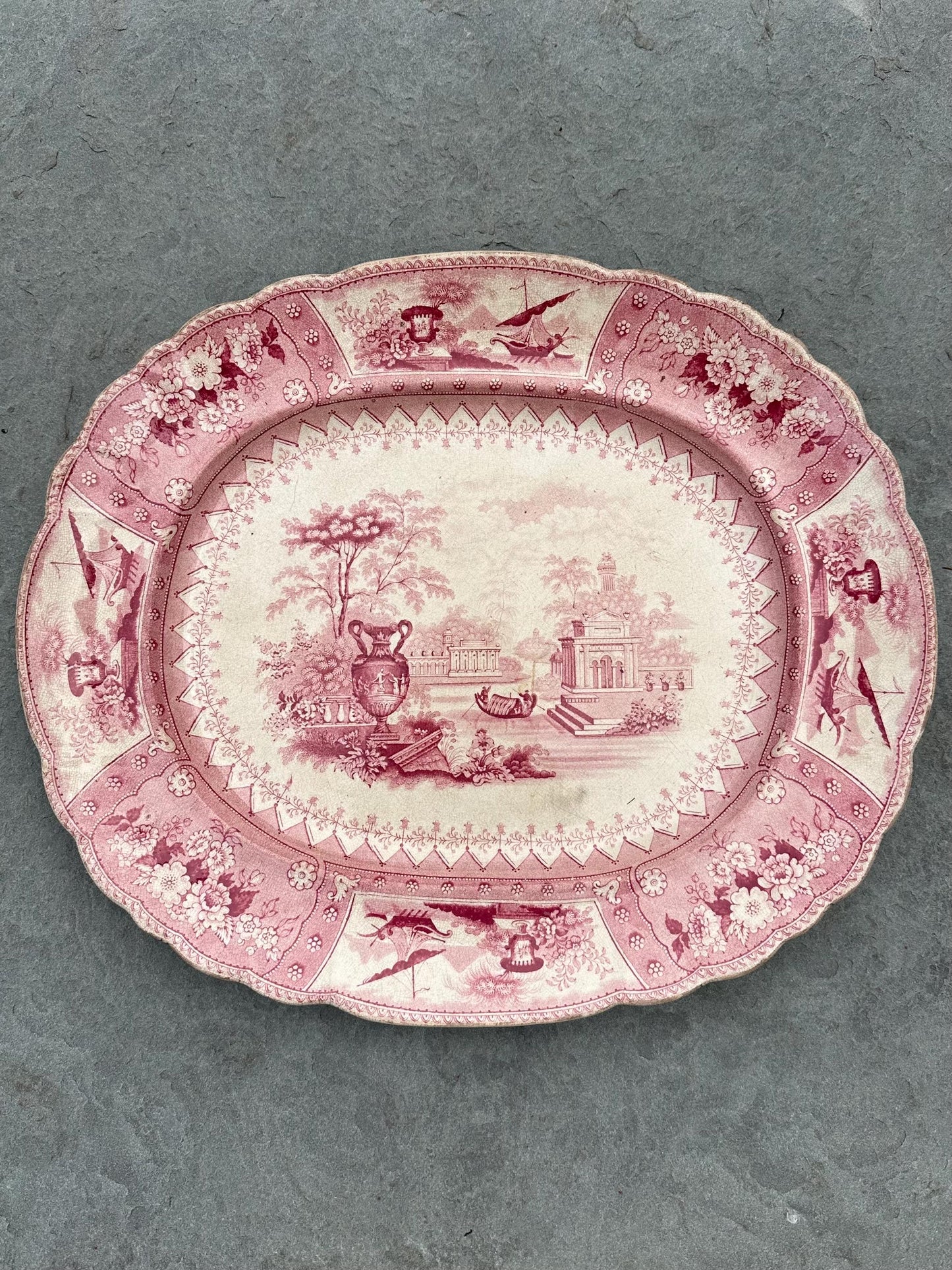 Antique 1800s Georgian Stoneware Early Staffordshire Red Pink Transferware Platter