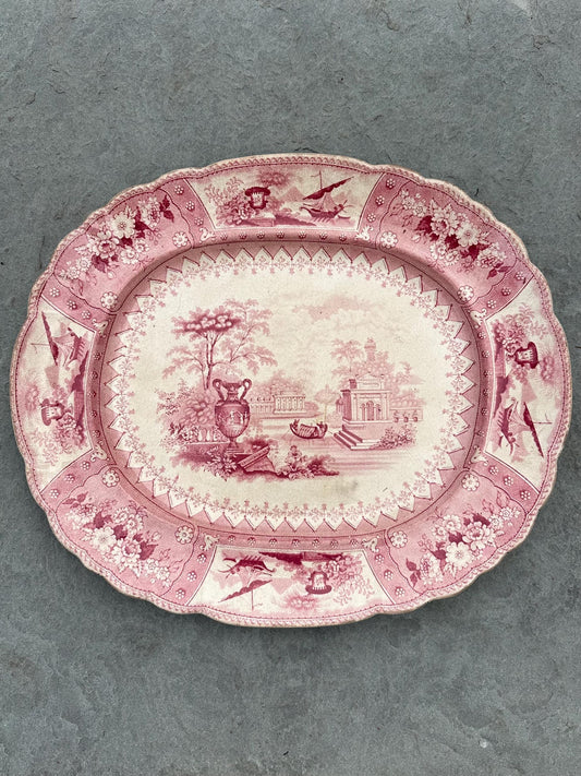 Antique 1800s Georgian Stoneware Early Staffordshire Red Pink Transferware Platter
