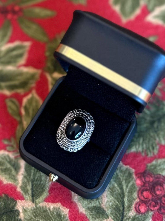 1930s Art Deco Signed THEDA Sterling Silver Black Onyx Cabochon & Marcasite Statement Cocktail Ring US Size 6 1/2