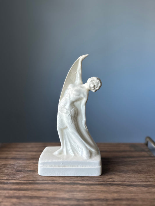 Vintage Ivory Color Glazed Ceramic Art Deco Flapper Nude Woman Dancing Pedestal Figurine