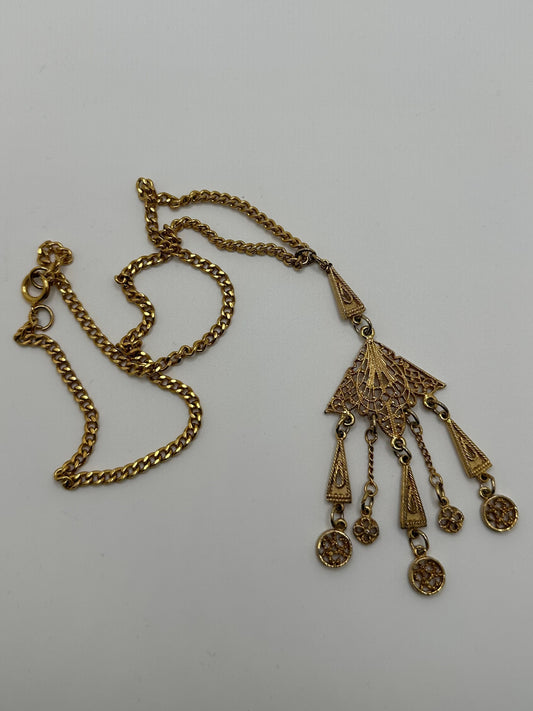 Vintage Art Deco Inspired Gold Tone Chandelier Filigree Pendant Necklace