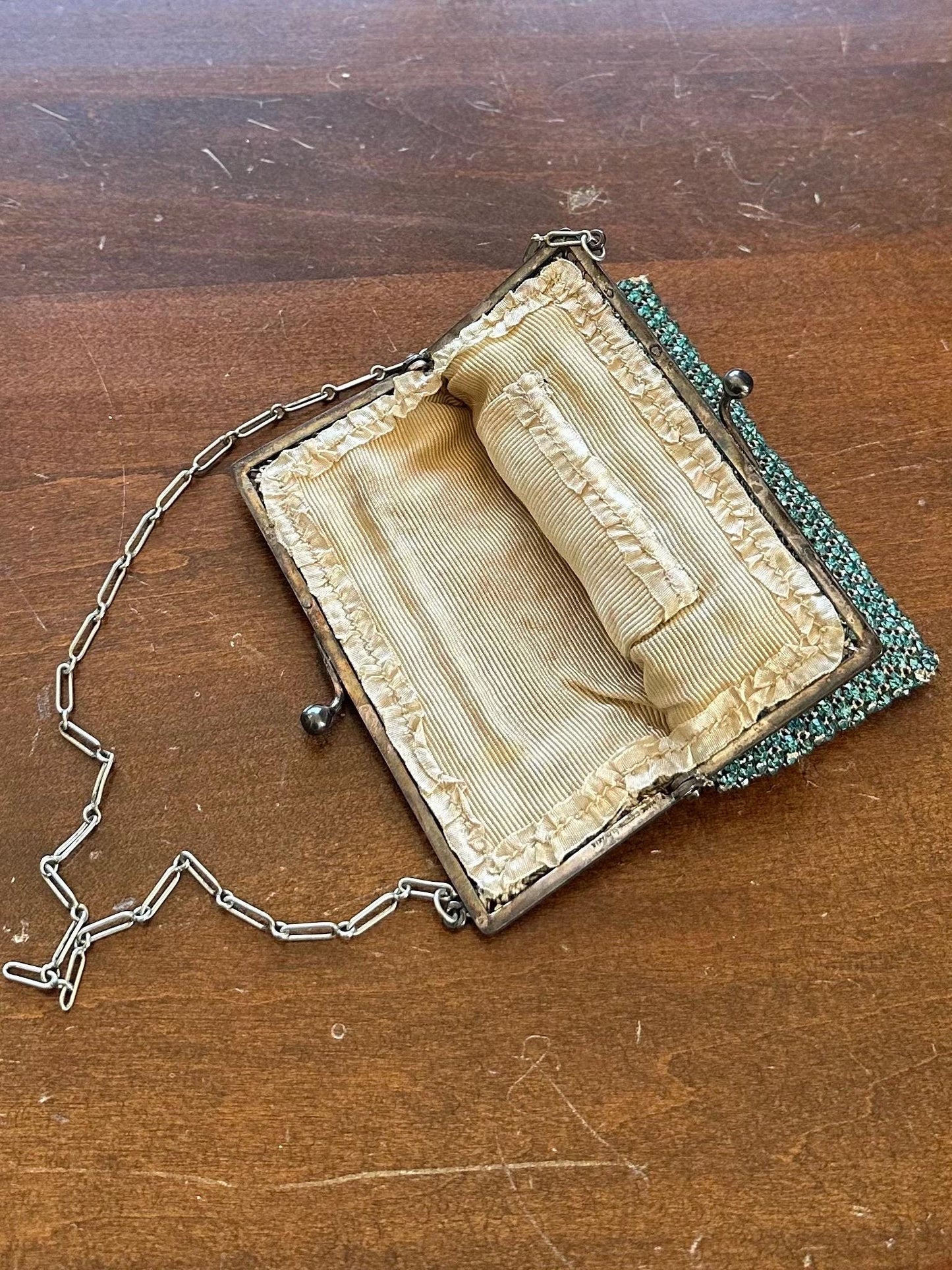 Antique Art Deco 1920s 1930s Czech Turquoise Faceted Rhinestone Chain Handle Purse Evening Bag