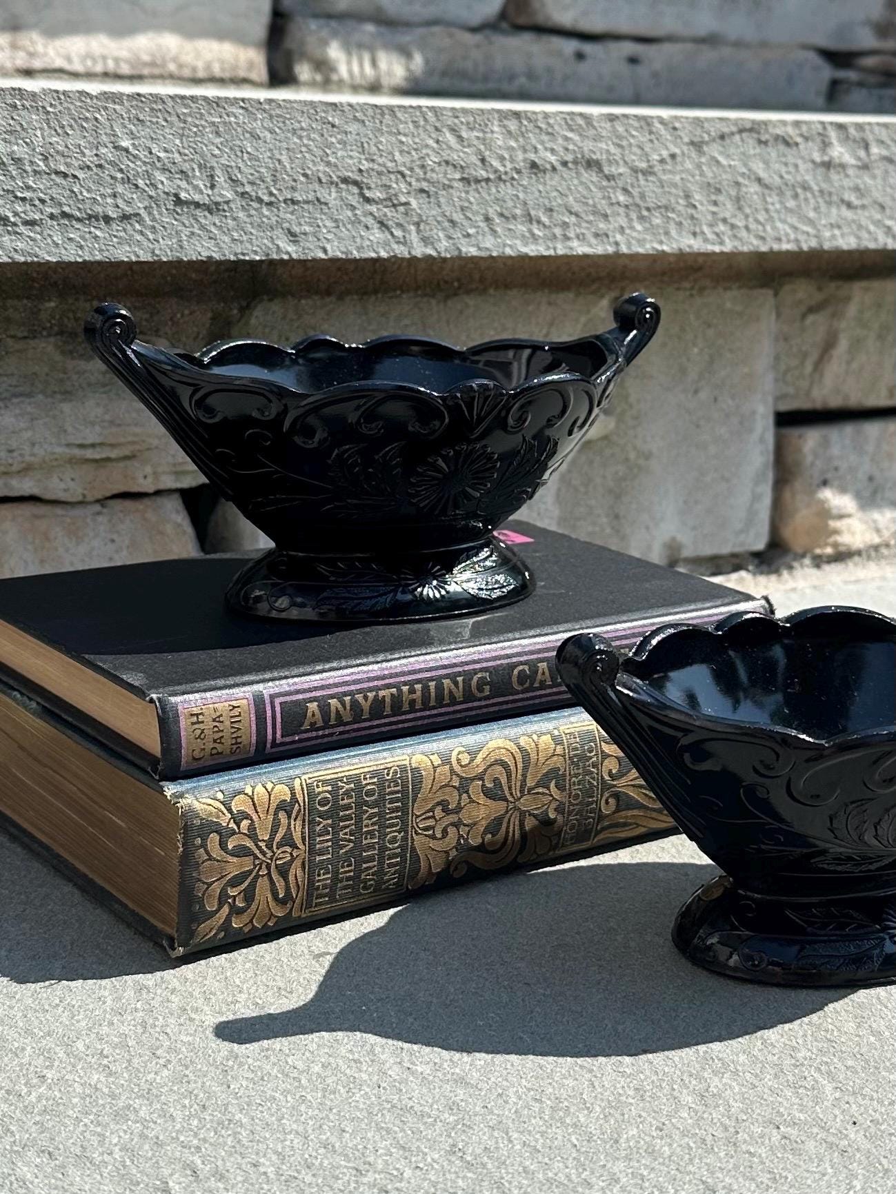 1930s Art Deco McKee Autumn Pattern Black Amethyst Glass Oval Footed Bowl Compote | 1 Piece