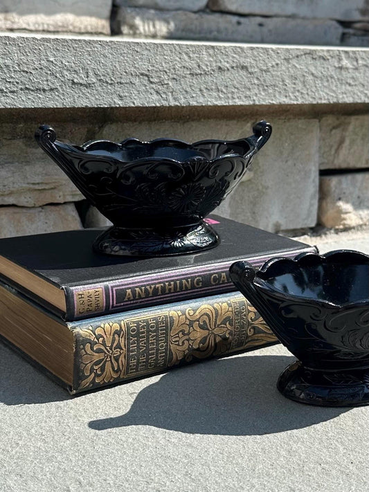 1930s Art Deco McKee Autumn Pattern Black Amethyst Glass Oval Footed Bowl Compote | 1 Piece