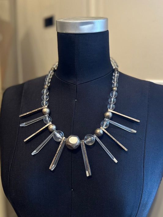 1950s Geometric Daggers & Clear Lucite Silver Tone Graduated Beaded Collar Necklace