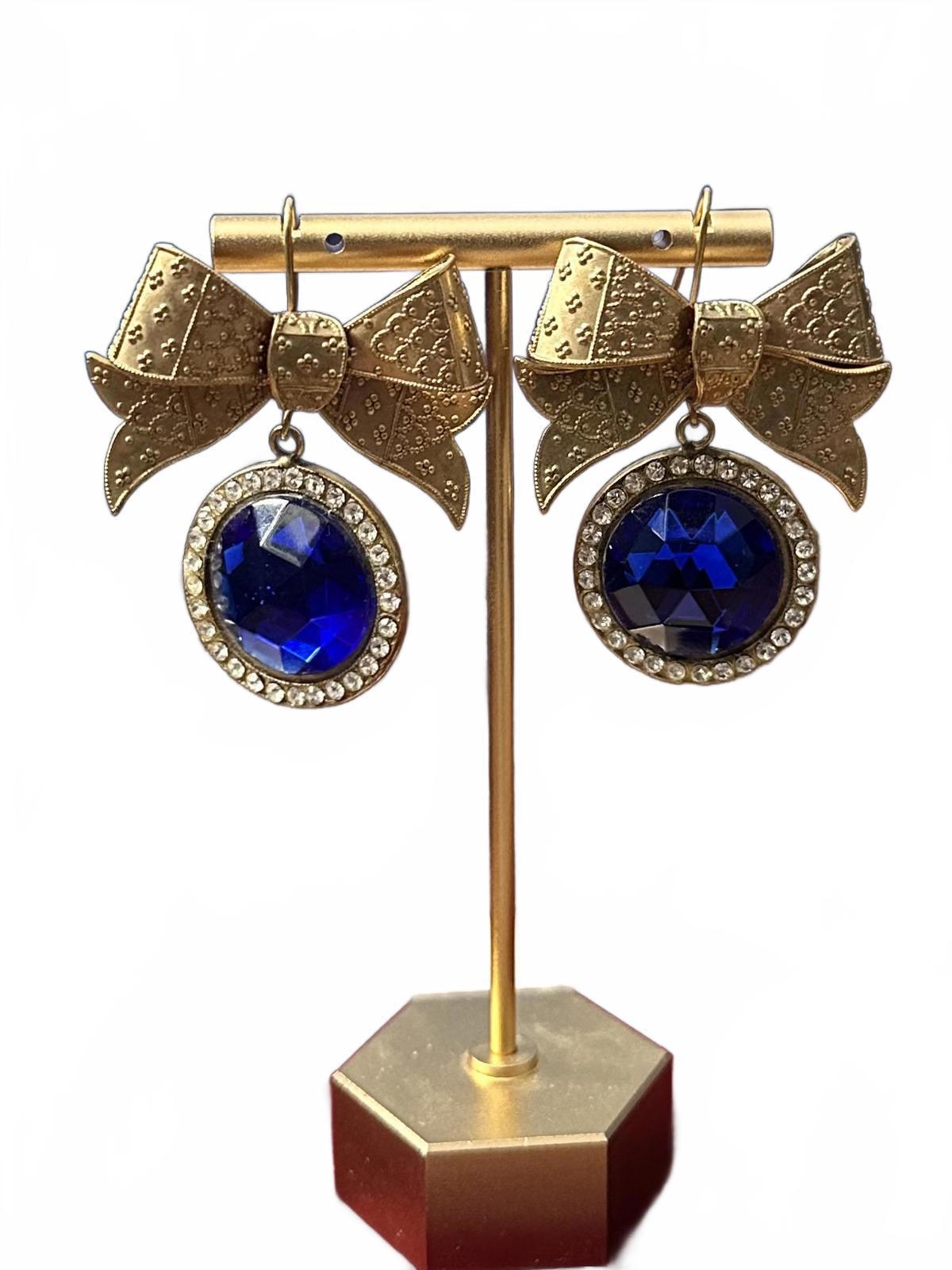 1980s Signed TONIC Gold Tone Bow Blue Rhinestone Statement Earrings