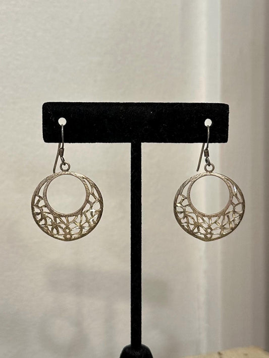 Vintage Sterling Silver 925 Open Circle Ornate Etched Dangle Earrings