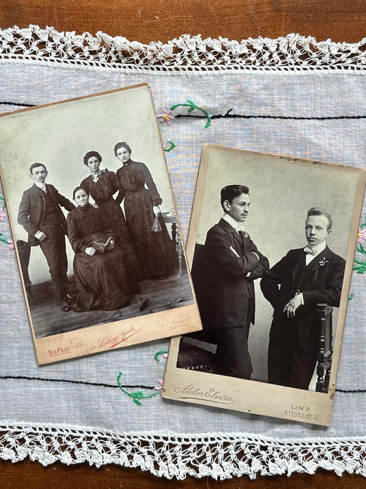 LOT OF 2 Antique Victorian Cabinet Cards of Two Men and Family, German & Hungarian Dated 1905