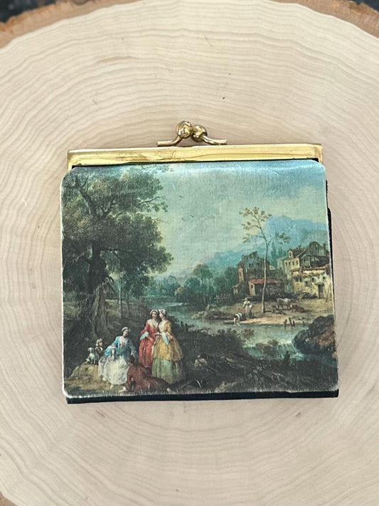 1950s Italian Printed Silk Victorian Courting Couple Trifold Wallet Coin Purse Fiocchi Lecco
