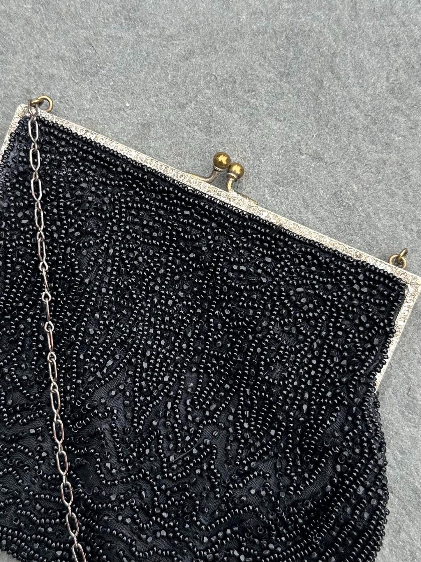 Antique 1920s Art Deco Era Hand Beaded Black Evening Bag