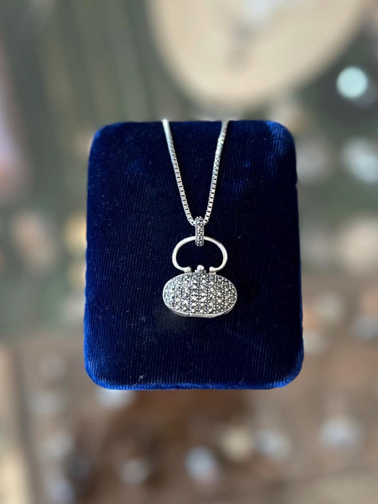 Vintage 925 Sterling Silver & Marcasite Locket Secret Compartment Pendant Necklace Box Chain 20”