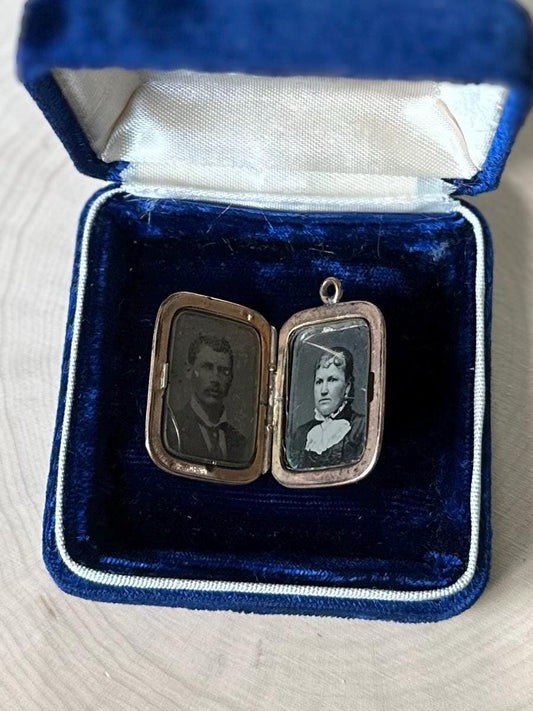 Antique 19th Century Victorian Gold Filled Hand Engraved Rectangular Locket 2 Tin Type Photos Husband & Wife Mourning