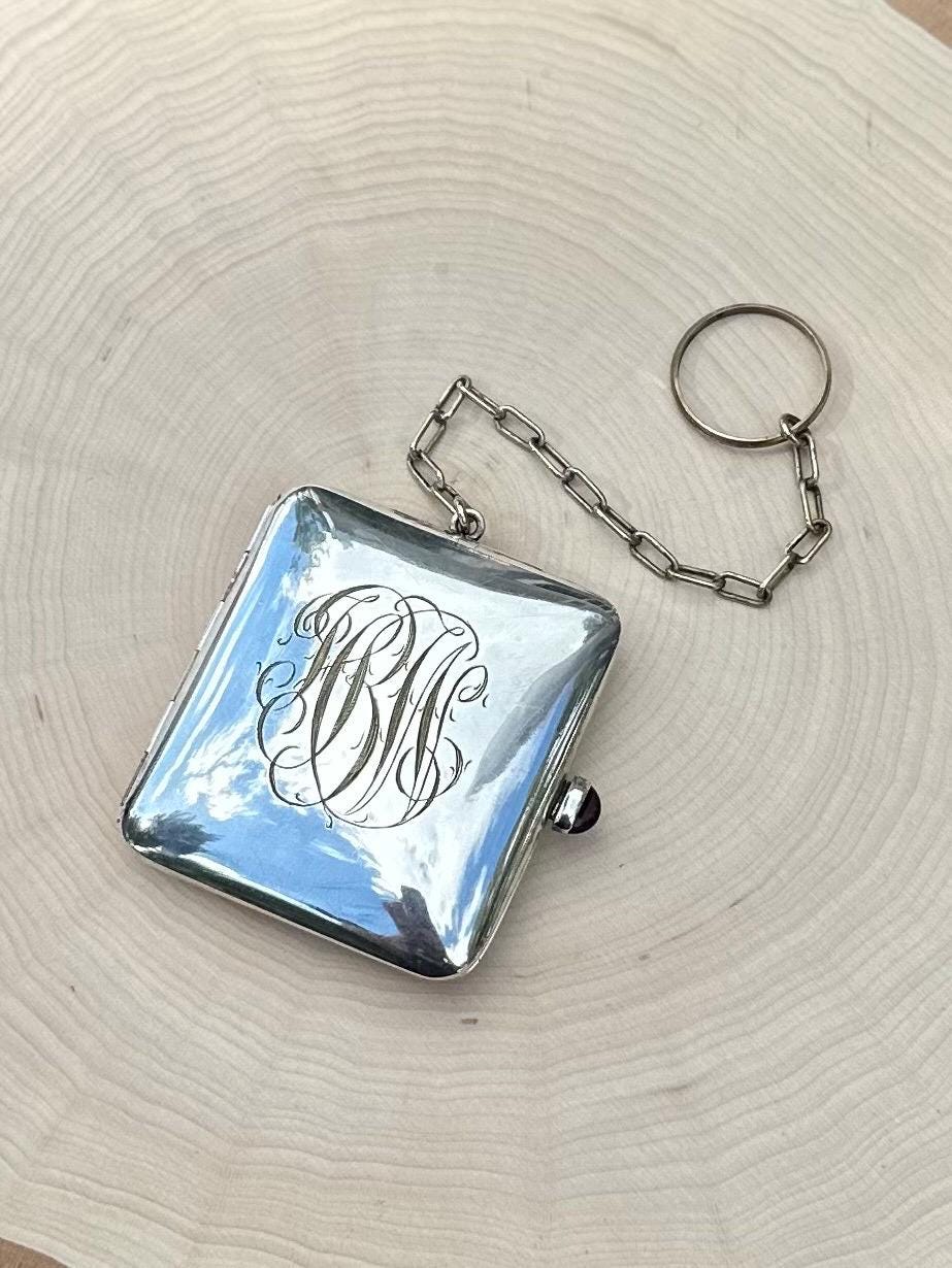 Antique 1920s 1930s Art Deco German Silver Monogrammed HBW Sovereign Coin Holder Chatelaine Compact Genuine Amethyst Cabochon