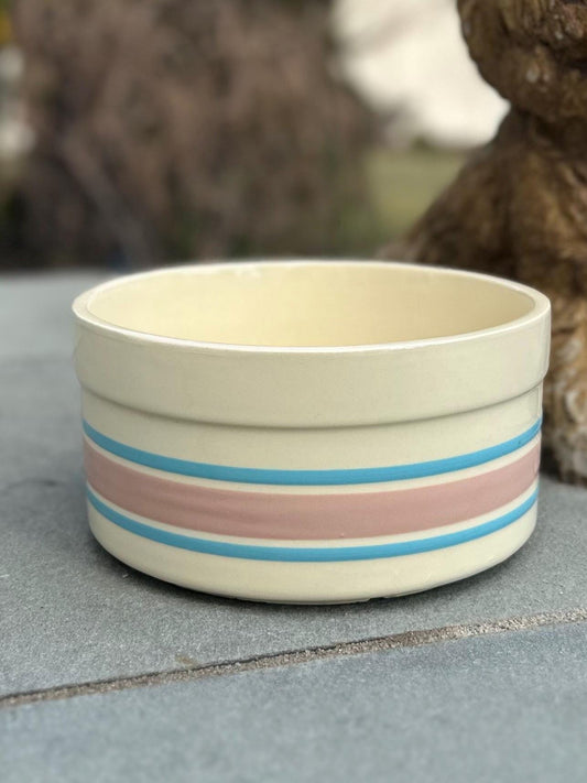 1970s McCoy USA 0143 Pottery Lancaster Colony Corporation LCC Pink & Blue Stripe Oven-Safe Soufflé Bowl or Pet Dog Bowl Dish
