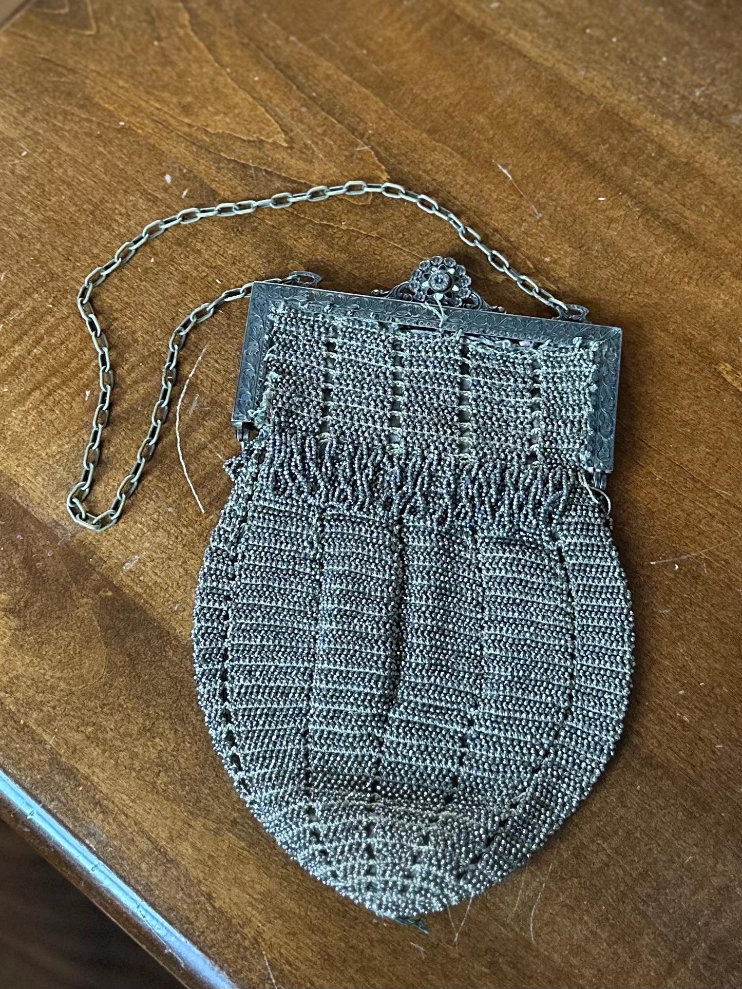 Antique 1920s Art Deco Silver Tone Steel Beaded Purse Evening Bag