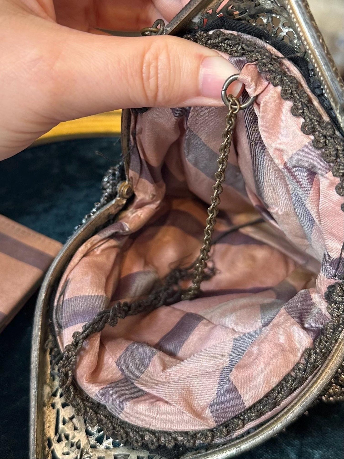 Antique Circa 1910s Edwardian Silver Steel & Black Glass Micro Beaded Evening Bag with Compact Mirror