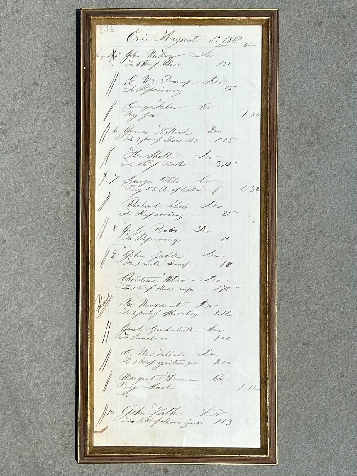 Framed 19th Century Store Sales Ledger Dated August 1861
