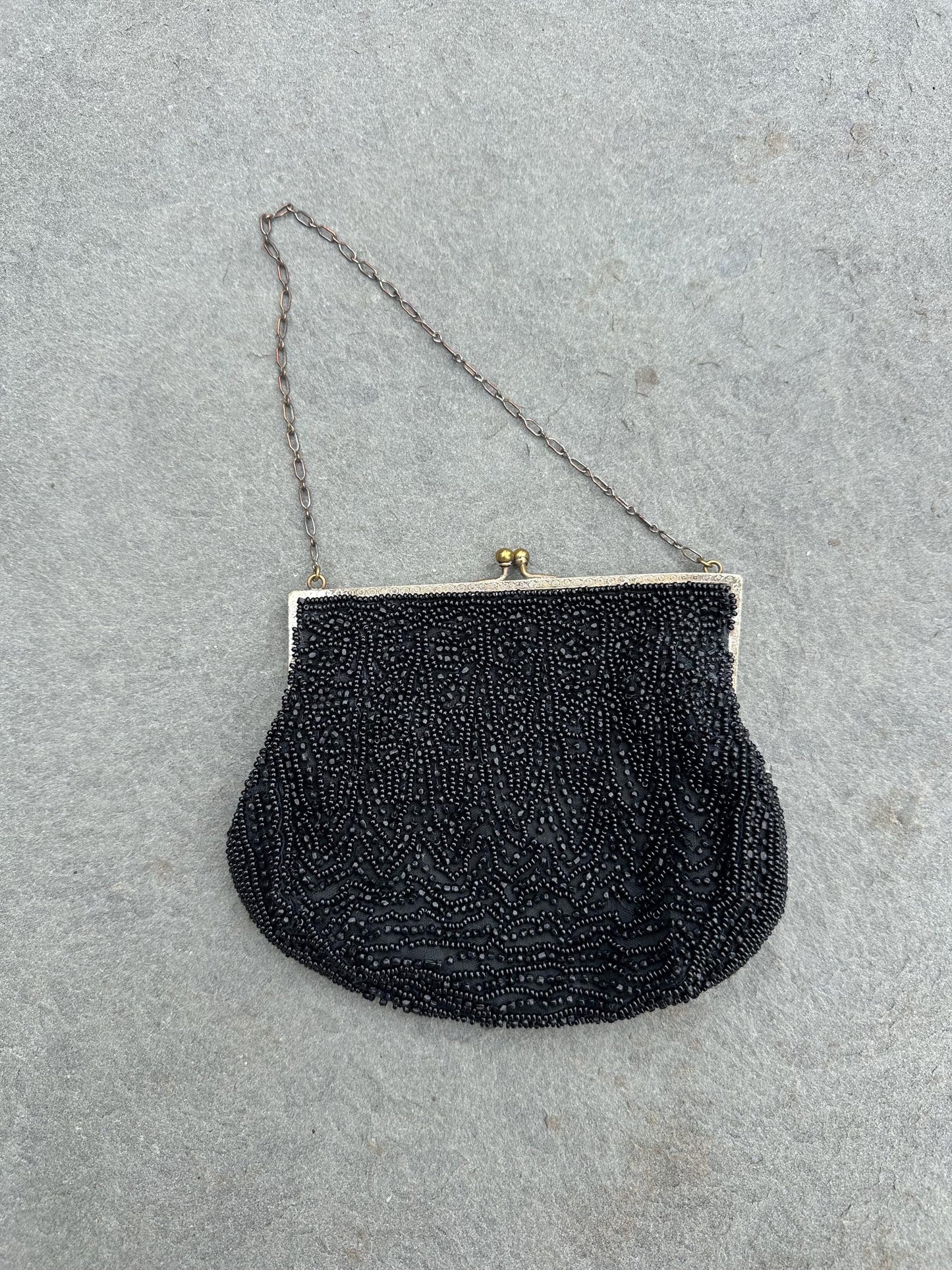 Antique 1920s Art Deco Era Hand Beaded Black Evening Bag