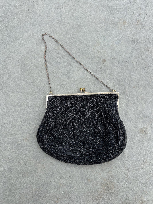 Antique 1920s Art Deco Era Hand Beaded Black Evening Bag