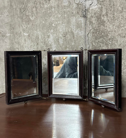 Antique 19th Century Victorian Tabletop Tri-Fold Shaving Mirror Beveled Glass Wood Vanity Mirror