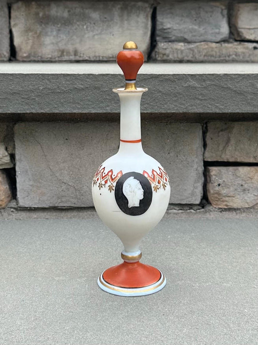 Antique 19th Century Napoleonic Era French Opaline Glass Hand Painted Greco Roman Decanter Bonne Nuit Night Service Bottle with Stopper