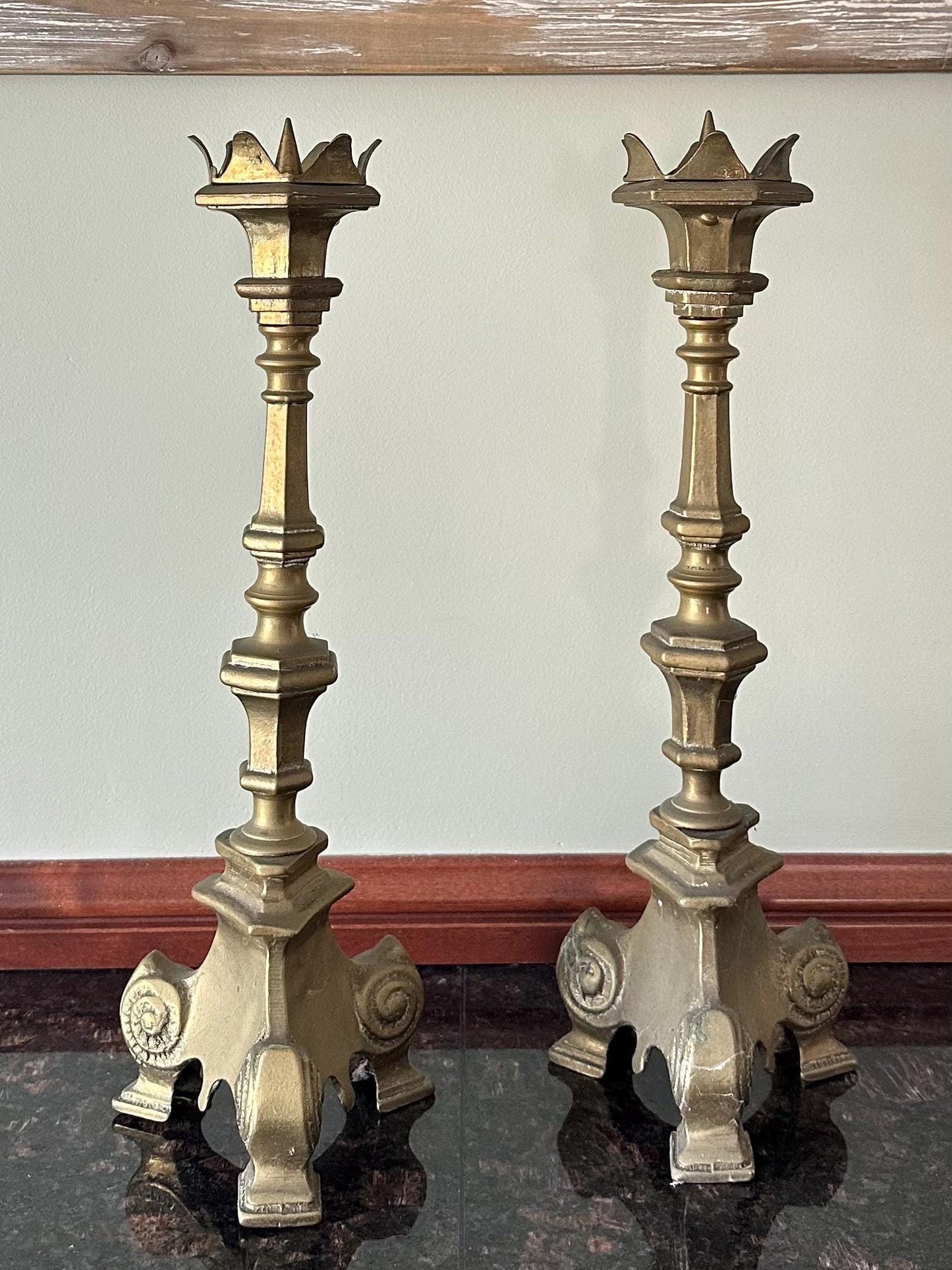 Pair of 1950s French Gothic Style Solid Brass Large Taper Candleholders Prickets