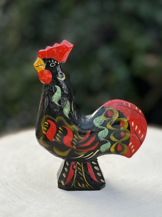 1950s 1960s Swedish Midcentury Folk Art Hand Carved & Hand Painted Black Dala Rooster