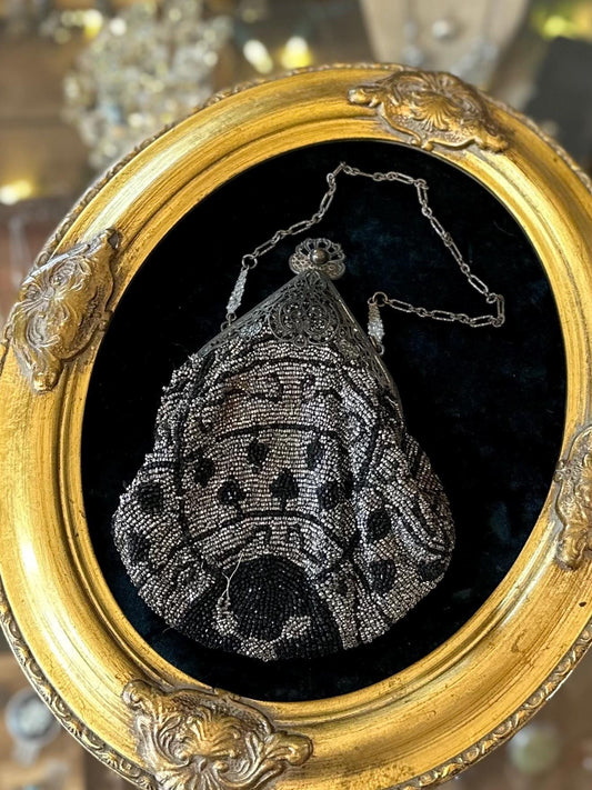 Antique Circa 1910s Edwardian Silver Steel & Black Glass Micro Beaded Evening Bag with Compact Mirror