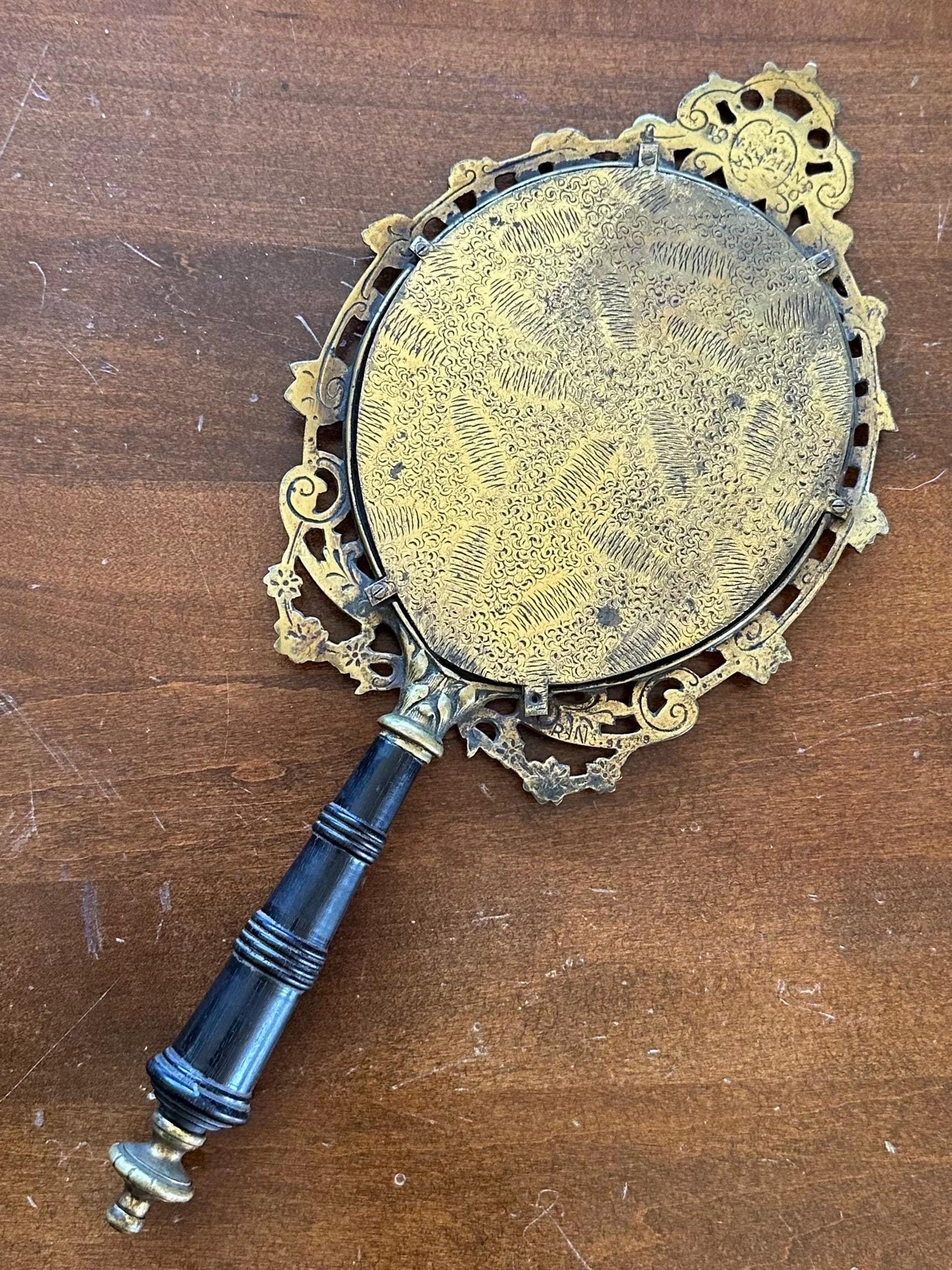 19th Century Antique Victorian Brass & Black Ebony Wood Beveled Glass Vanity Hand Mirror
