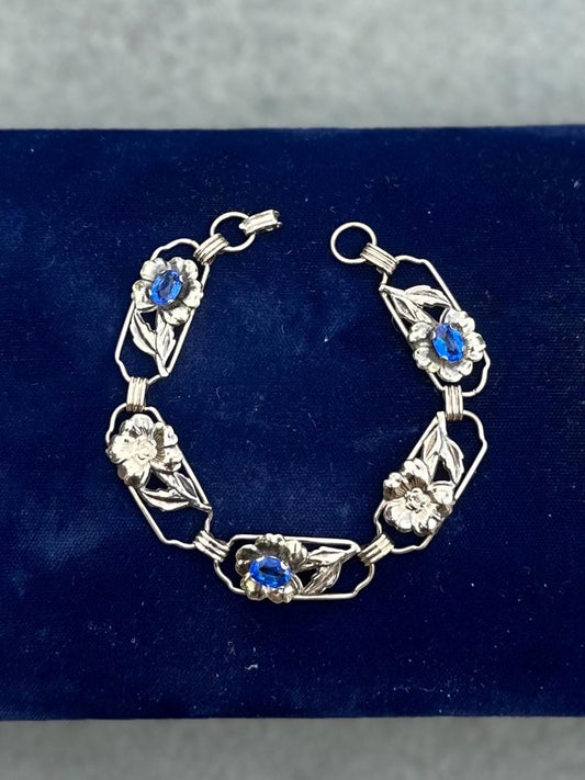 1930s Signed Providence Stock Co. 1/20 12k Gold Filled Sterling Silver Floral Blue Rhinestone Link Bracelet