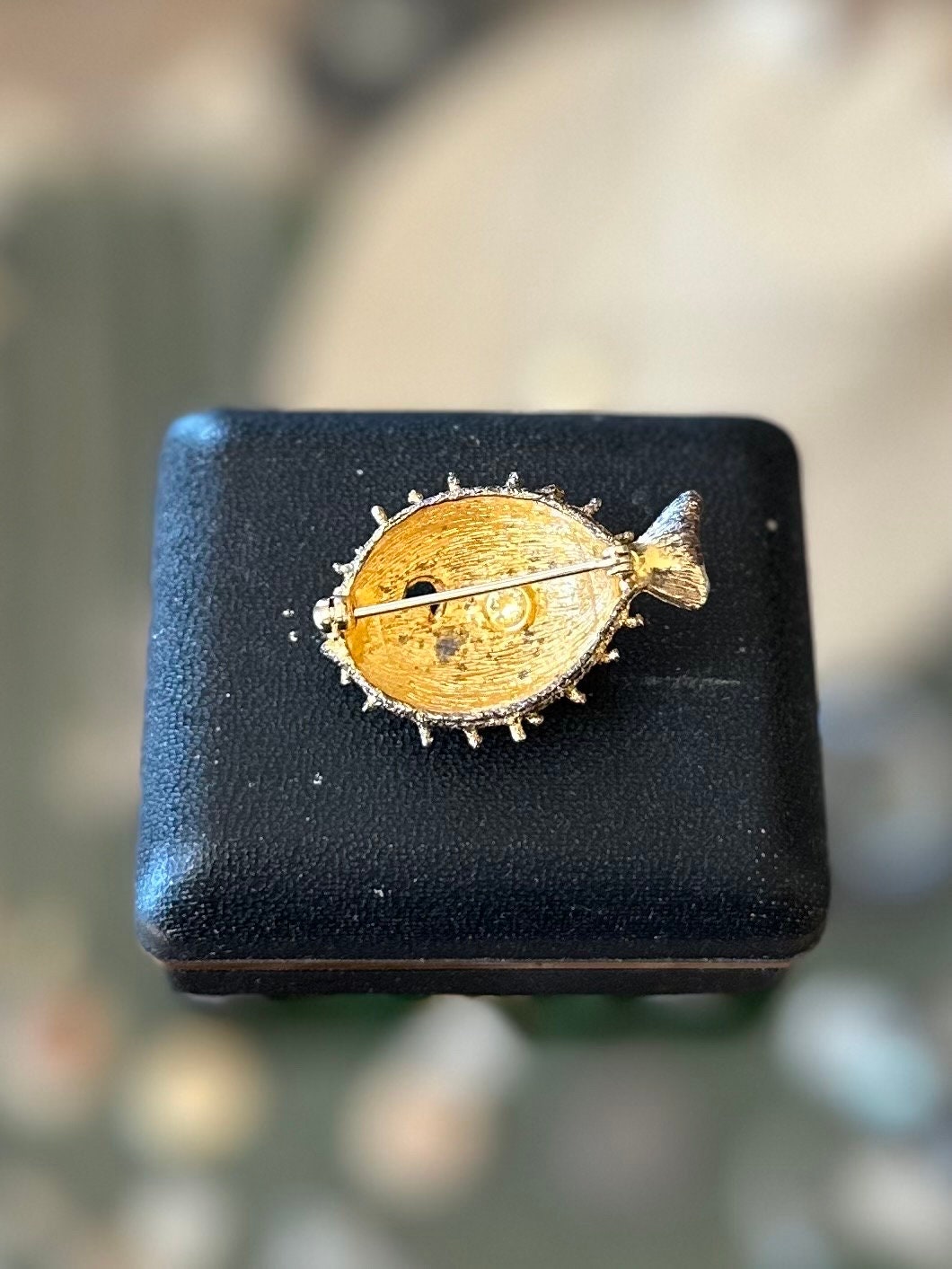 Vintage Signed AC Blowfish Puffer Fish Rhinestone Ruby Eye Sterling Silver & Gold Vermeil Pin Brooch