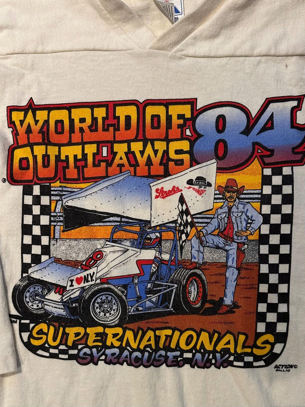 Vintage 1980s World of Outlaws 1984 Supernationals Syracuse NY Racing 3/4 Sleeve Ringer Tee Double Sided Schrum Graphic