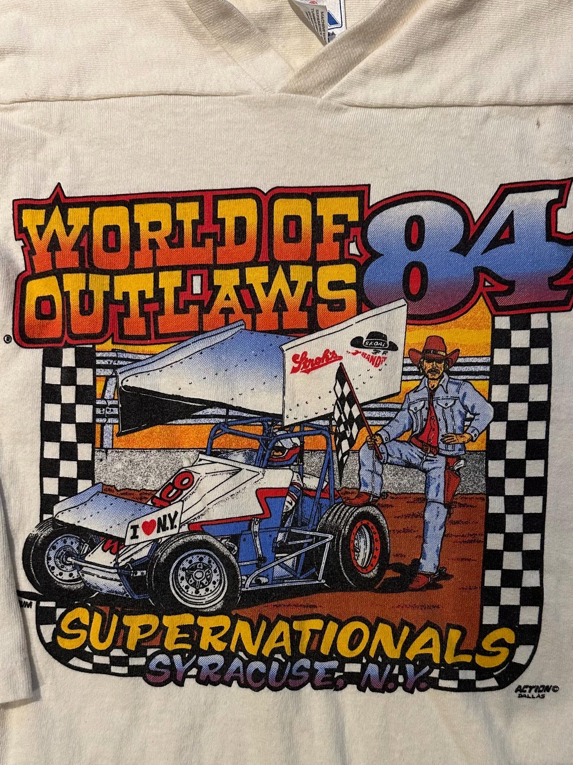 Vintage 1980s World of Outlaws 1984 Supernationals Syracuse NY Racing 3/4 Sleeve Ringer Tee Double Sided Schrum Graphic