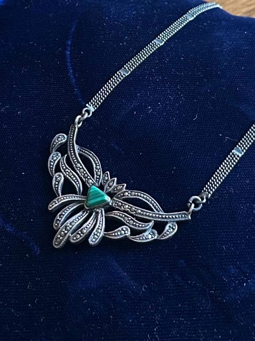 Vintage Art Deco Style Sterling Silver Marcasite & Malachite Pendant Necklace 17”