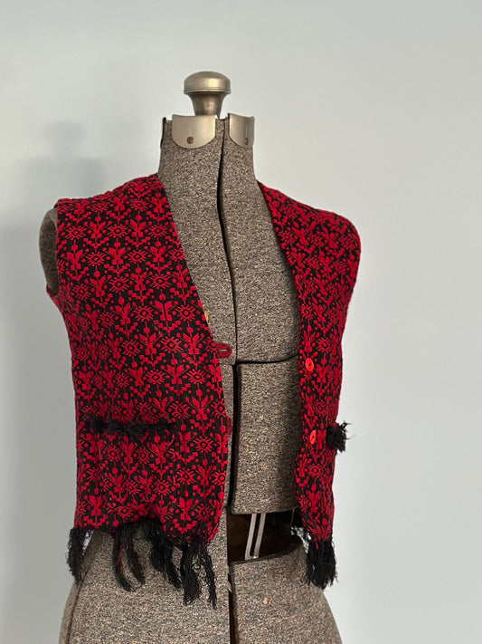 1970s Guatemalan Red & Black Woven Vest with Fringe