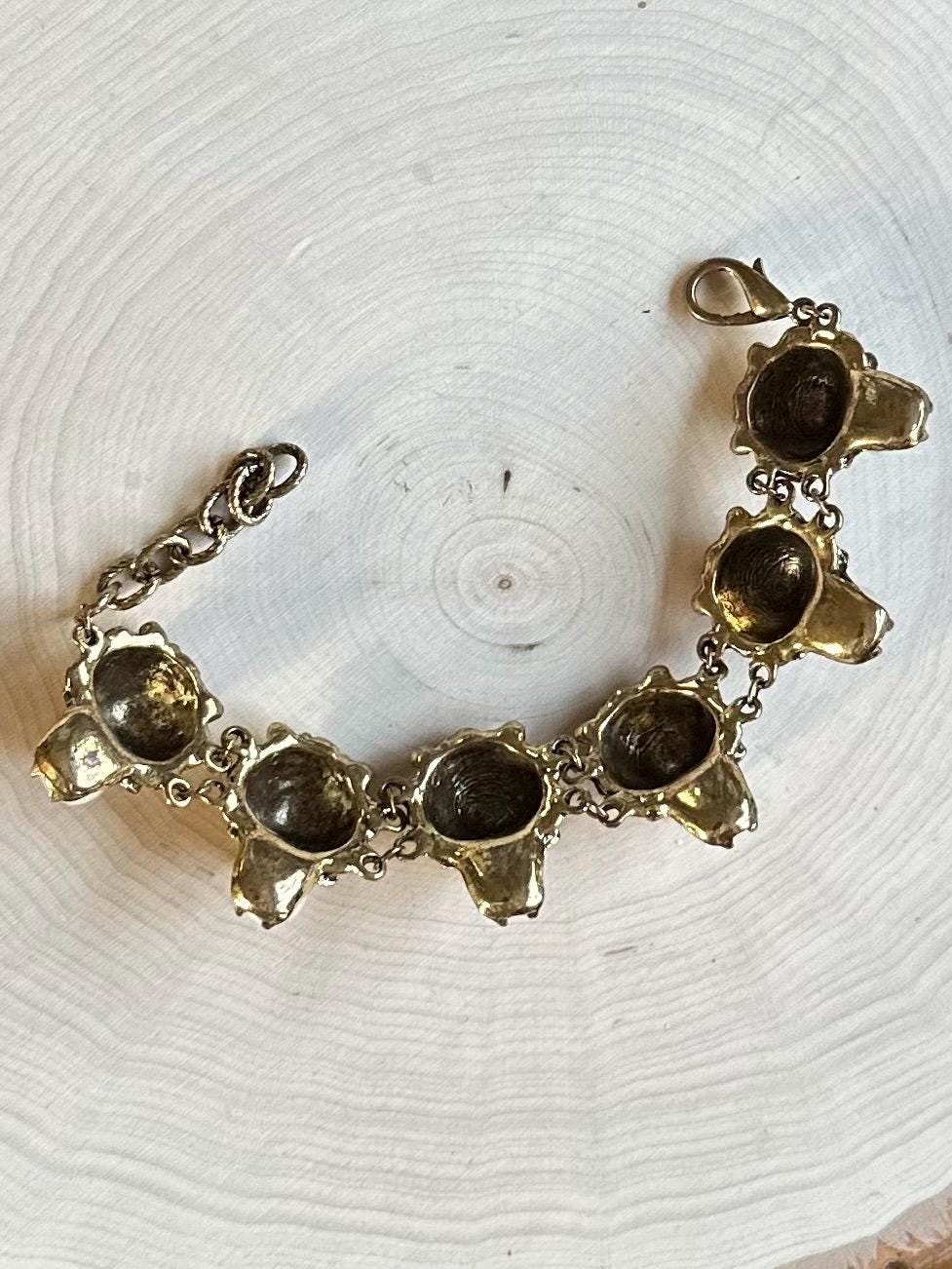 Vintage Gold Tone & Faux Pearl Lion Head Link Adjustable Chunky Statement Bracelet Unsigned 8.5” Rare