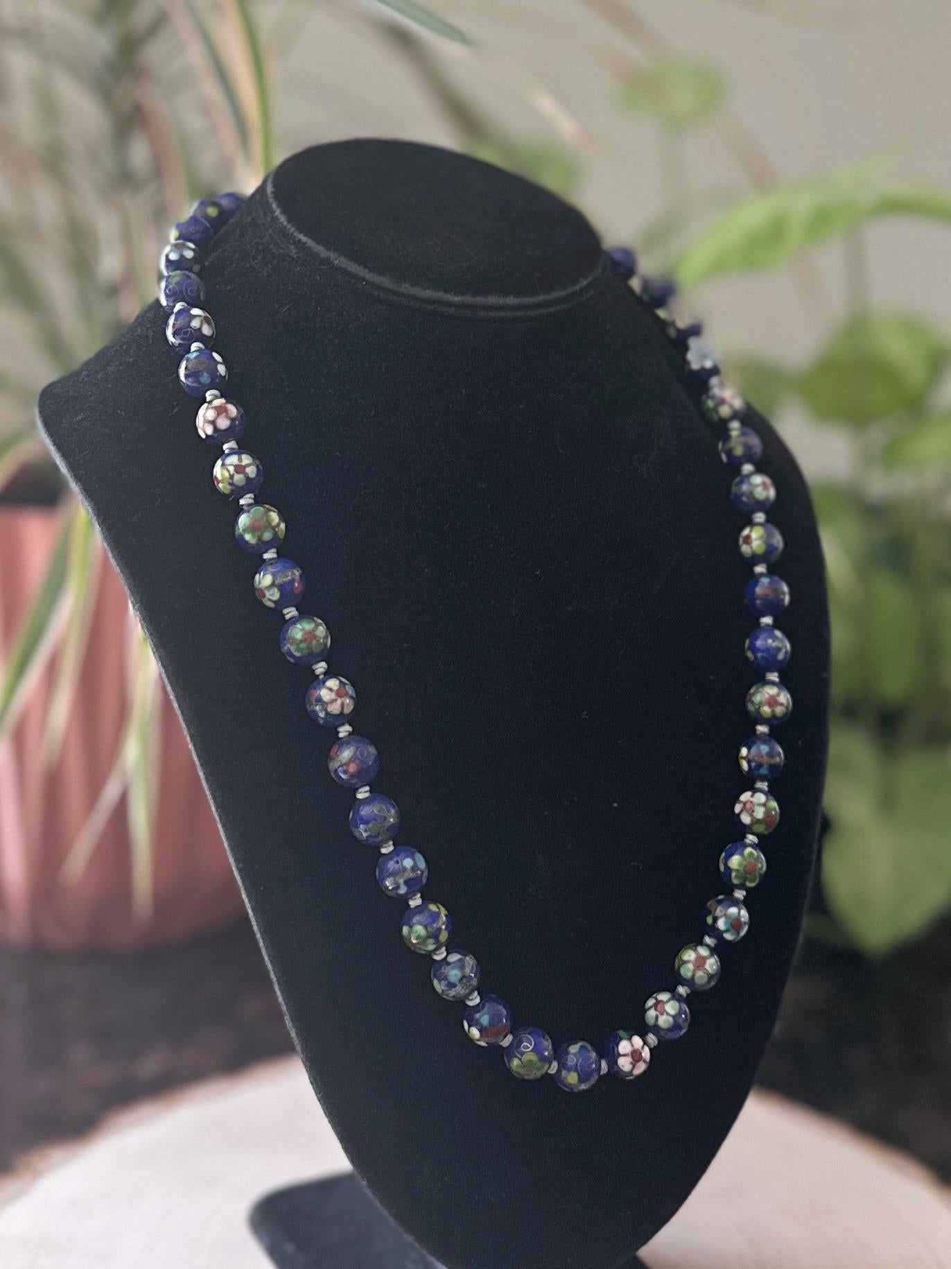 Vintage Midcentury Hand Knotted Blue Cloisonné Enamel Blue Floral Porcelain Beaded Necklace 23”