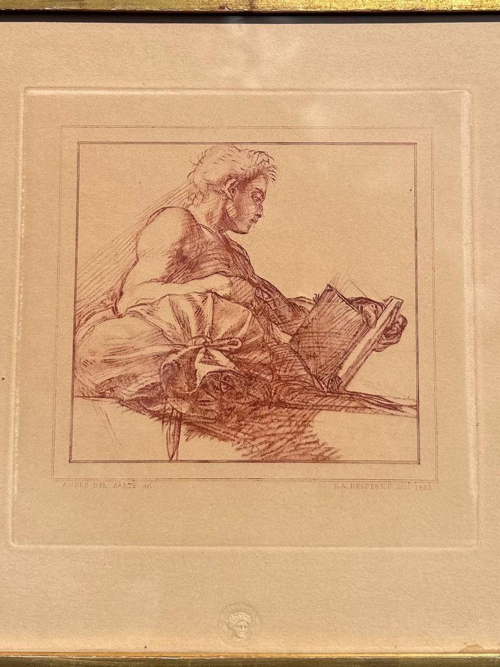 Vintage Framed French Engraving Andre del Sarte Bust of a Man E.A. Desperet 1853 Issued by Musee Louvre Chalcographie Seal 12.5x12.6”