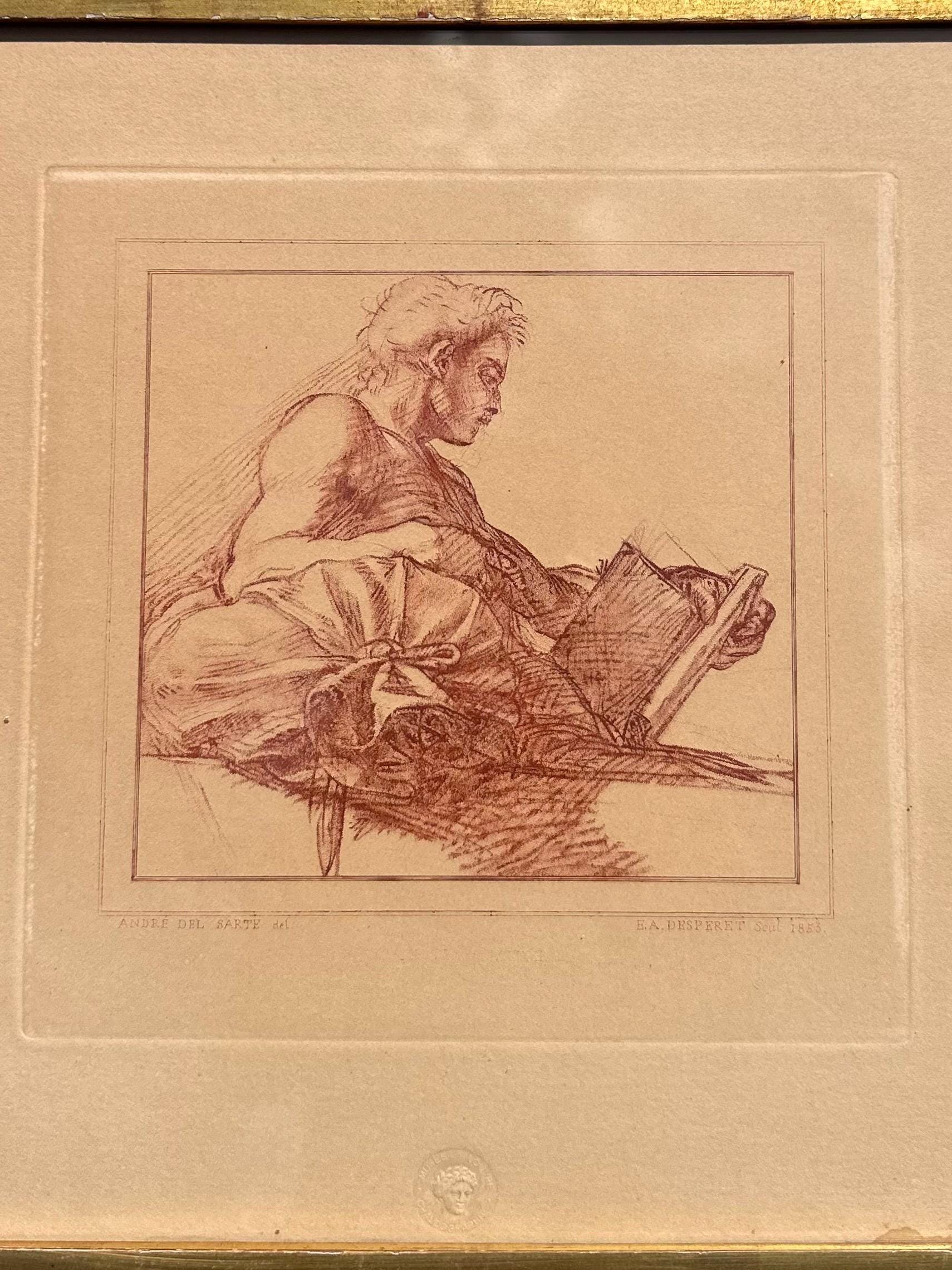 Vintage Framed French Engraving Andre del Sarte Bust of a Man E.A. Desperet 1853 Issued by Musee Louvre Chalcographie Seal 12.5x12.6”