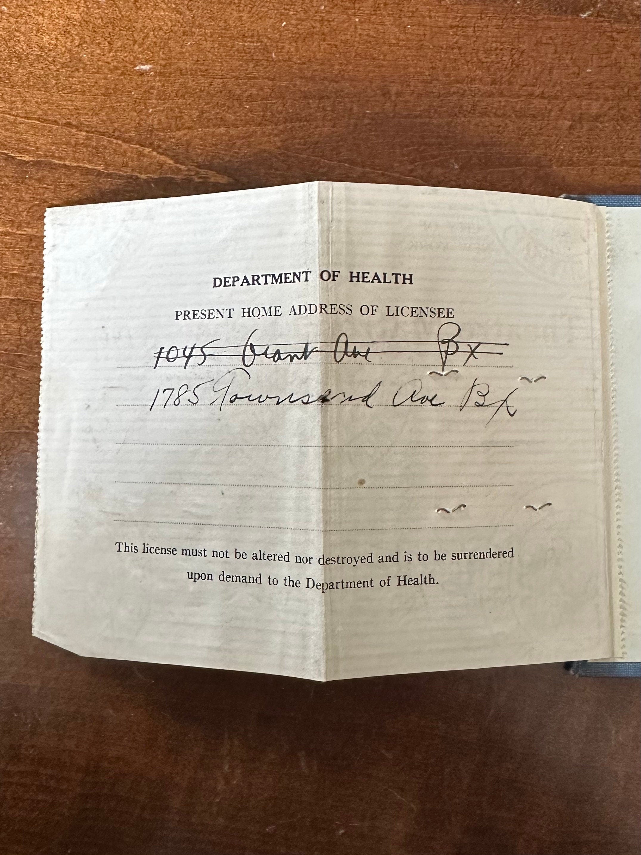 Vintage 1940s Theatre Matron License NYC Dept of Health Issued to Hannah Pelter 1940 New York City