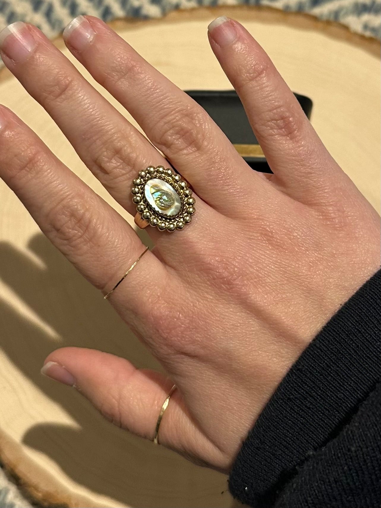 1970s Signed Bell Trading Post Sunbell 12k Gold Filled Abalone Ring US Size 6