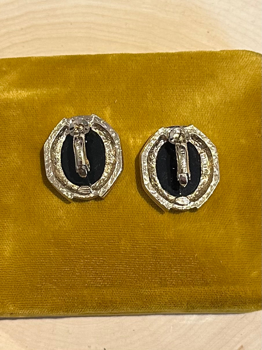 Vintage Signed Panetta Gold Tone Faux Black Onyx & Rhinestone Statement Earrings