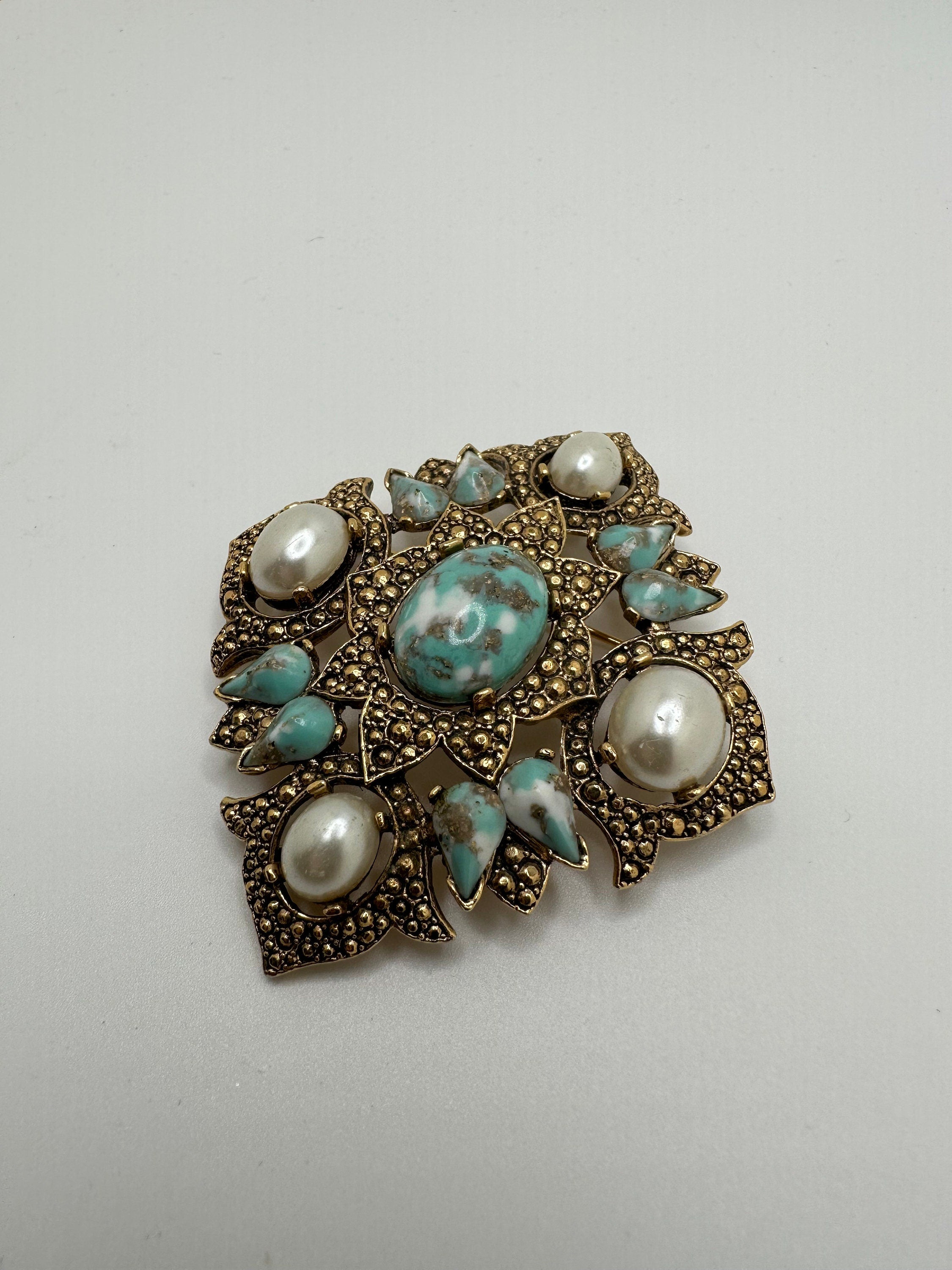 Vintage Signed Sarah Coventry 'Remembrance' Brooch or Pendant with Faux Pearls and Turquoise Cabochon Center Gold Tone